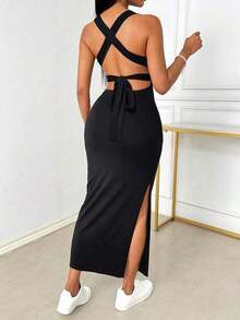 Vestido ajustado y sexy con cuello bajo, espalda descubierta, tirantes cruzados y abertura - Negro - Ver 3