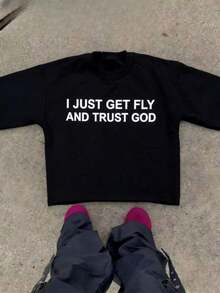 1 camiseta de mujer, "I Just Get Fly And Trust God" (1 pieza), 100% algodón, camiseta casual estampada, cuello redondo, manga corta, camiseta de algodón, para regalo, verano, unisex, 180g 100% algodón, todos los diseños están impresos. Unisexo. - Negro - Ver 1