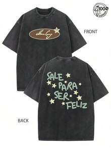 1 pieza Camiseta de manga corta de cuello redondo oversize unisex desgastada y lavada, 100% algodón pesado de 220g, diseñada por artistas Y2K estilo americano vintage, estampado gráfico de nombres de ciudades, ideal para uso diario, conciertos y festivales - Negro - Ver 1