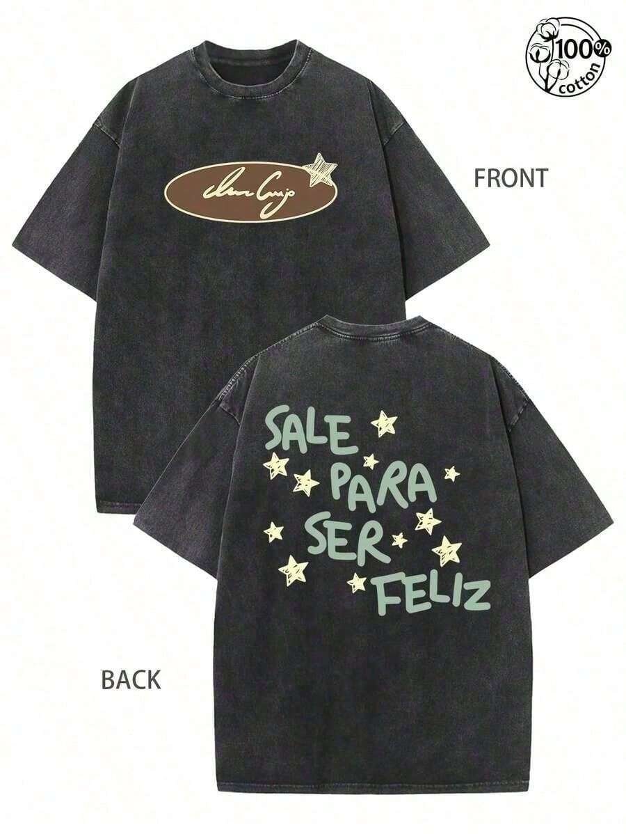 1 pieza Camiseta de manga corta de cuello redondo oversize unisex desgastada y lavada, 100% algodón pesado de 220g, diseñada por artistas Y2K estilo americano vintage, estampado gráfico de nombres de ciudades, ideal para uso diario, conciertos y festivales - Negro - Ver 1