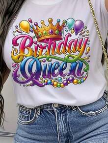 Camiseta Gráfica de Talla Grande para Mujer 'Birthday Queen' - Con Cuello Redondo y Estampado de Globos Coloridos y Corona, Ropa Casual para Uso Diario, para Relajarse en Casa y Fiestas, Camisetas para Damas, Top Divertido, Tela Cómoda - Blanco - Ver 1