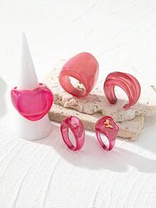 5pcs/Set Pink Jelly Heart Shaped Resin & Acrylic Stackable Rings, Versatile Accessories For Sweet & Girls - Pink - View 4
