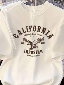 Women's California Graphic T-Shirt With Eagle And Bear Print And State Slogan - Soft And Stretchy Fiber Fabric, Silky Smooth, White Short-Sleeve Crew Neck Top For Casual And California Pride Outfits, Summer Fashion, Weekend Style, Design And, Stretchy Material, Comfortable Fit, Printed T-Shirt, Stylish Blouse, For Fashion Lovers, Adults, Y2k T-Shirt. - 黑色 - 查看 3