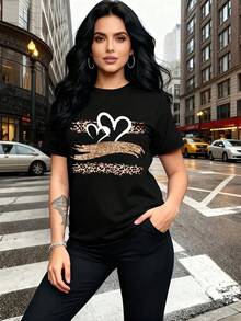 Soft 100% Cotton Women's T-Shirt, Summer Leopard Print, With Gold Strokes And White Double Heart Pattern, New Summer Short Sleeve T-Shirt, Casual And Fashionable, Printed, Breathable, Cotton, Matches Everything. - 黑色 - 查看 6