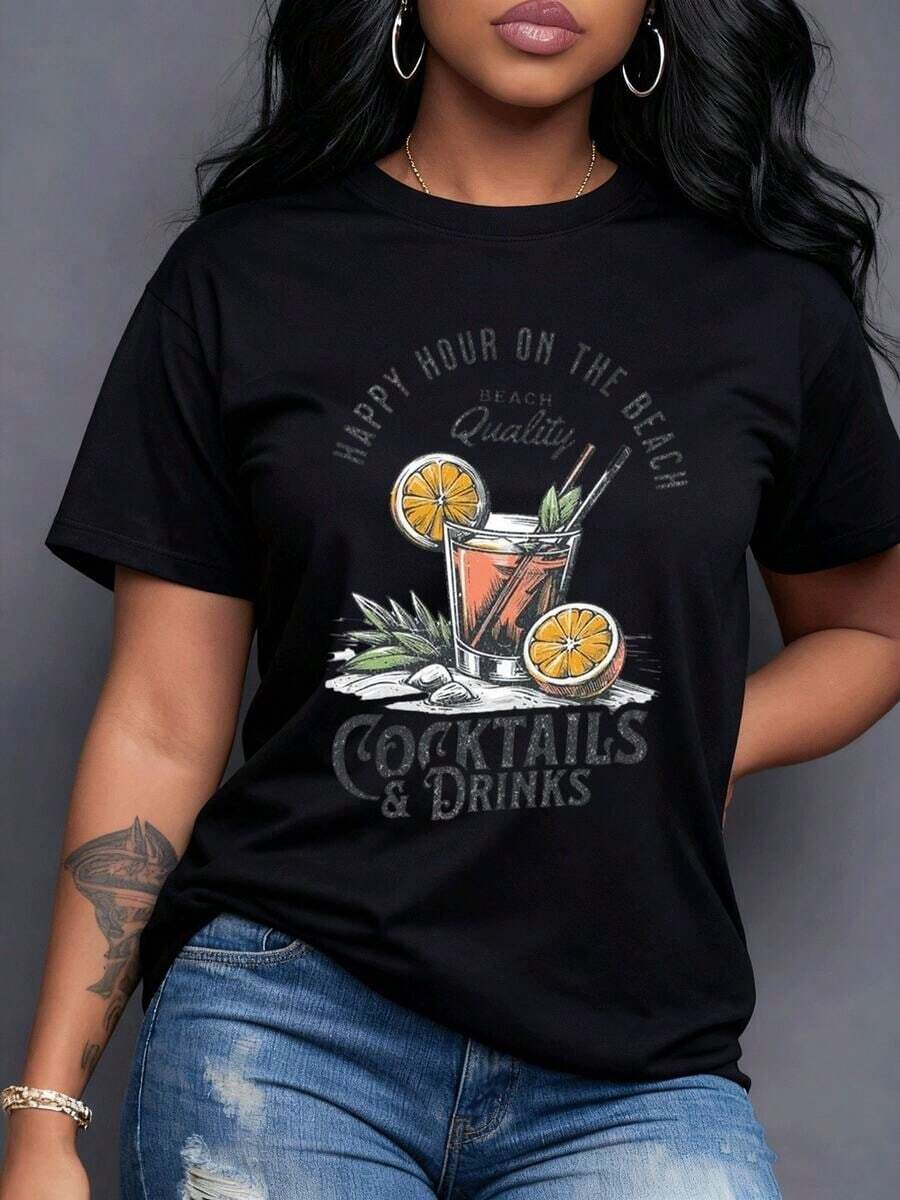 A Vibrant Summer Cocktail With Fresh Oranges And Mint, Evoking Happiness, The Beach, And Relaxation On Your Vacation. Ideal For Sunny Days And Special Celebrations. Women's T-Shirt, 100% Cotton, Maija Women's Curvy. - 黑色 - 查看 1