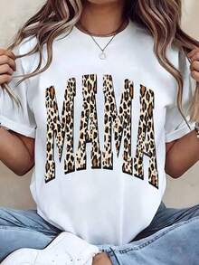 Women's Clothing Leopard Print T-Shirt With "Mama" Text, Round Neck, Casual Wear, Gift For Mother, Women's Shirts - 白色 - 查看 5