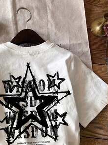 [Entrega Local]Playera Para Mujer Camiseta De Manga Corta Y Cuello Redondo, De Estilo Casual Y Holgado Con Estampado De Estrellas, Adecuada Para NiñOs Y Adolescentes Varones En Verano - Blanco - Ver 3