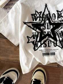 [Entrega Local]Playera Para Mujer Camiseta De Manga Corta Y Cuello Redondo, De Estilo Casual Y Holgado Con Estampado De Estrellas, Adecuada Para NiñOs Y Adolescentes Varones En Verano - Blanco - Ver 4