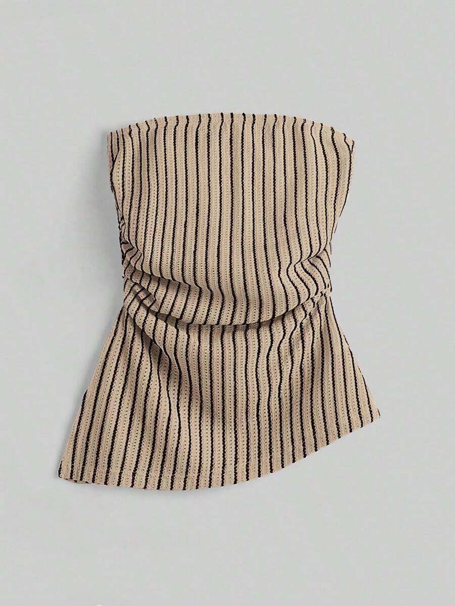 Top bandeau ajustado minimalista casual de mujer, bajo asimétrico, estampado de lunares, conjunto de verano - Albaricoque - Ver 1