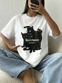 Camiseta de mujer moderna, informal, para fiestas y para estar en casa, 100% algodón, corte holgado. Camiseta de manga corta vintage para mujer con estampado gótico de 3 gatos negros Spacehunter, estilo retro americano Y2K Spice Girl, corte holgado y transpirable, ideal para salidas diarias, reuniones de chicas, festivales de música, uso en el campus o moda para el día a día. - Blanco - Ver 1