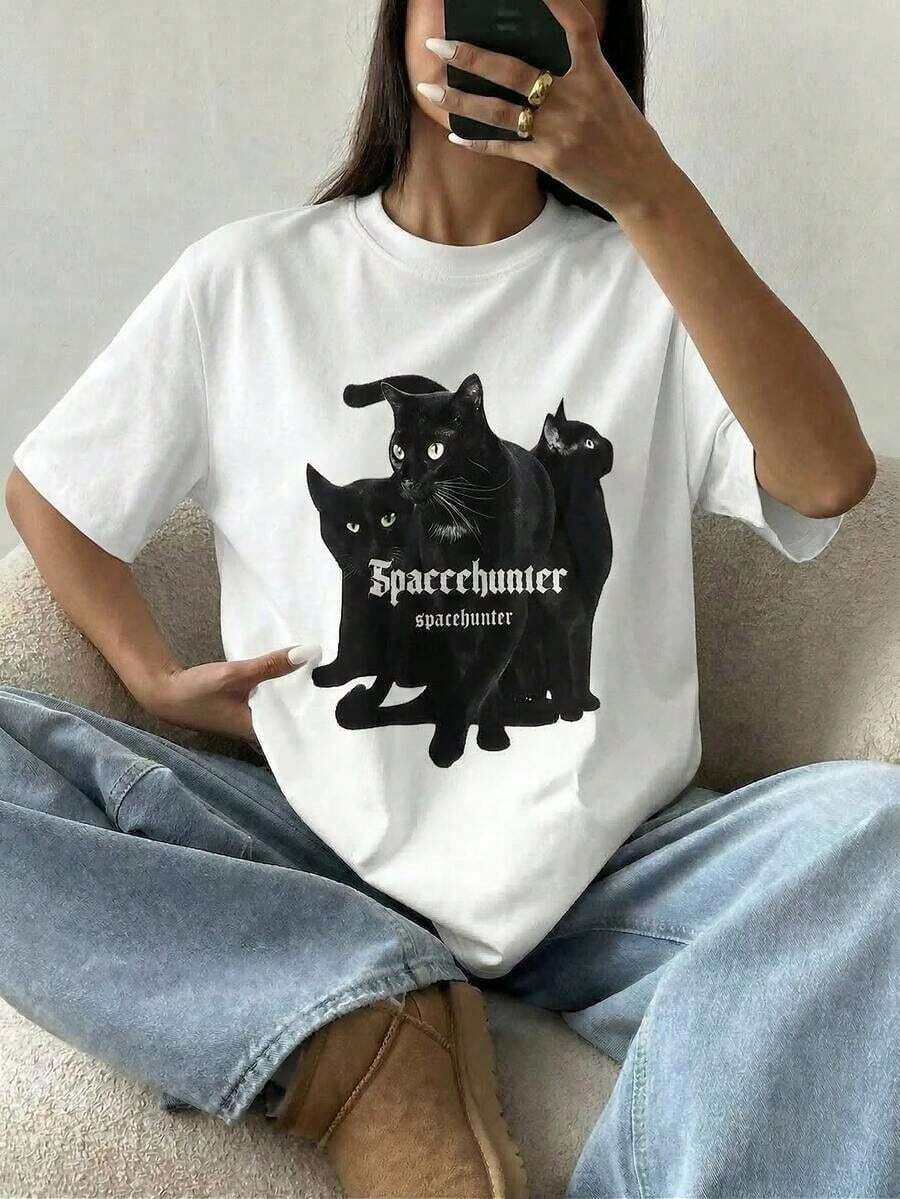 Camiseta de mujer moderna, informal, para fiestas y para estar en casa, 100% algodón, corte holgado. Camiseta de manga corta vintage para mujer con estampado gótico de 3 gatos negros Spacehunter, estilo retro americano Y2K Spice Girl, corte holgado y transpirable, ideal para salidas diarias, reuniones de chicas, festivales de música, uso en el campus o moda para el día a día. - Blanco - Ver 1