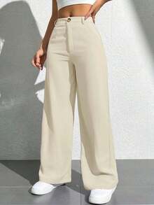 Pantalones rectos de unicolor casuales para mujer - Beis - Ver 9