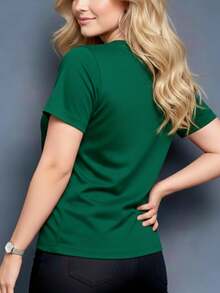 Women's Casual Summer T-Shirt With Pencil Bow Print, Machine Washable, Stretchy Fabric, Ideal For Everyday Wear And Lounging At Home, Versatile Garment, Couple's T-Shirt, Nian Nian Direction, Circles - 綠色的 - 查看 2