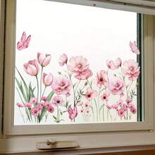 1 pieza Adhesivo de ventana floral caprichoso, adhesivo de ventana estático, calcomanía de amapola y tulipán acuarela rosa, PVC semibrillante, removible, para sala de estar, dormitorio, decoración del hogar - Multicolor - Ver 2