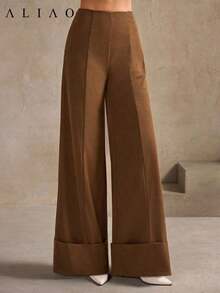 Pantalones anchos de pierna ancha de estilo palaciego bohemio vintage, de alta gama, de jacquard azul marino lavado, para mujer, adecuados para volver a la escuela, Año Nuevo, fiestas, uso diario y vacaciones - Marrón - Ver 4
