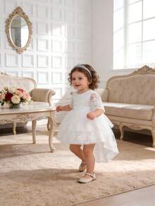 Toddler Girls' Cute Lace Short Sleeve Princess Dress, Tulle Puff Skirt Romper, Birthday Party Holiday Gift Formal Dress - White - View 4