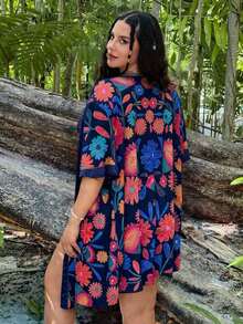 Swim Vcay Conjunto de 3 piezas de traje de baño de una pieza con diseño floral y cubre todo talla grande, ropa de playa casual de verano - Multicolor - Ver 2