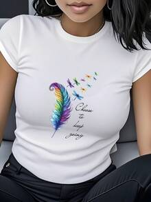Camiseta con estampado de plumas y libélulas coloridas, manga corta, cuello redondo, ropa de mujer, diseño único, patrón de plumas de arcoíris y libélulas, resalta la individualidad, sencilla y a la moda, adecuada para uso diario, reuniones de amigos, actividades al aire libre, ocio y entretenimiento, puede ser un regalo sorpresa de cumpleaños o para las fiestas para amigas que aman el estilo natural y buscan la libertad, camiseta de algodón puro para mujer. - Blanco - Ver 7