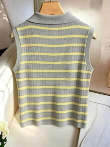 Chaleco de punto casual y elegante con cuello y rayas para mujer - Multicolor - Ver 2