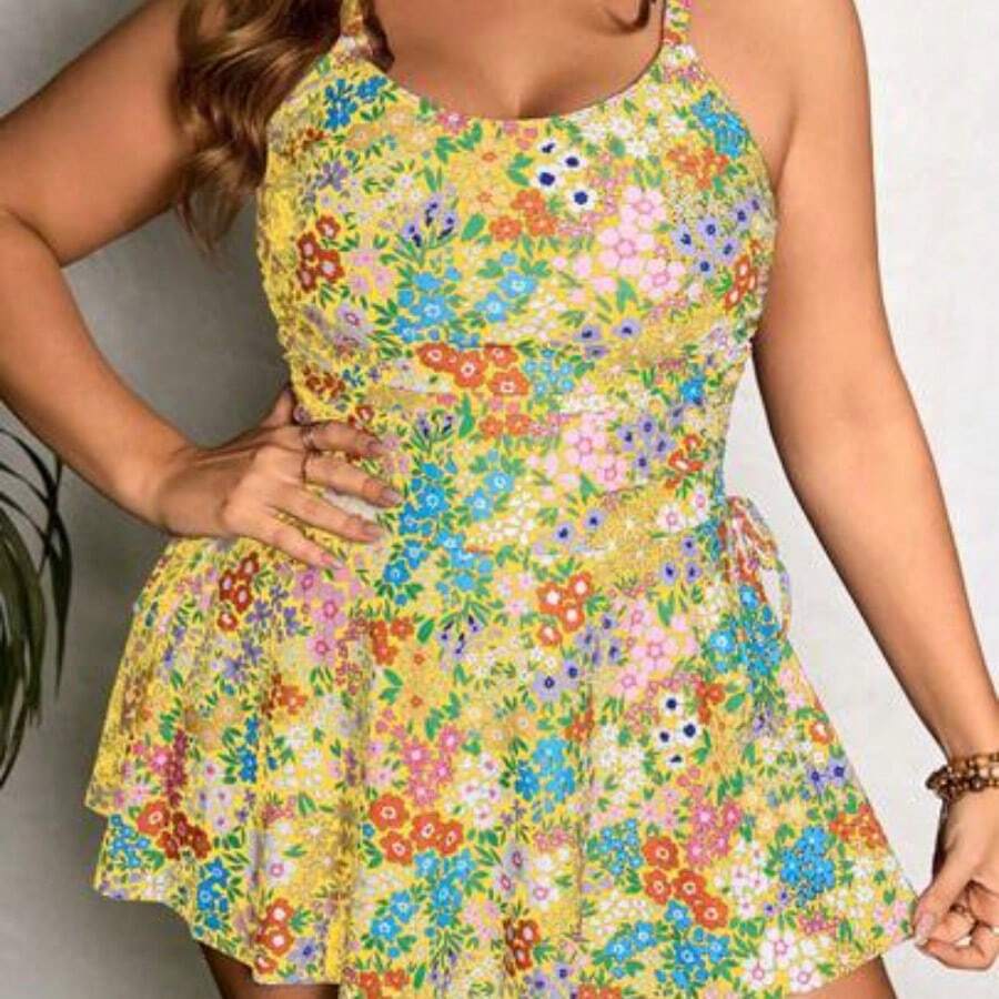 Swim Lushore Plus Size Women Summer Floral Print Bow Decor U-Neck Tankini Swimwear With Beach Dress - Amarillo - Ver 1