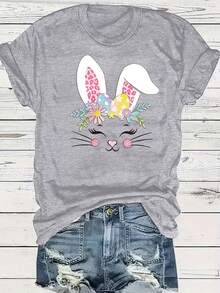 Talla Grande, Camiseta de Mujer con Estampado de Conejo y Huevo de Pascua - Espalda de Cinco Paneles con Forma de Conejo, Cuello Redondo, Atuendo Casual para Pascua y Primavera, Ropa Informal para el Festival de Primavera (Lavable a Máquina) - Gris - Ver 1