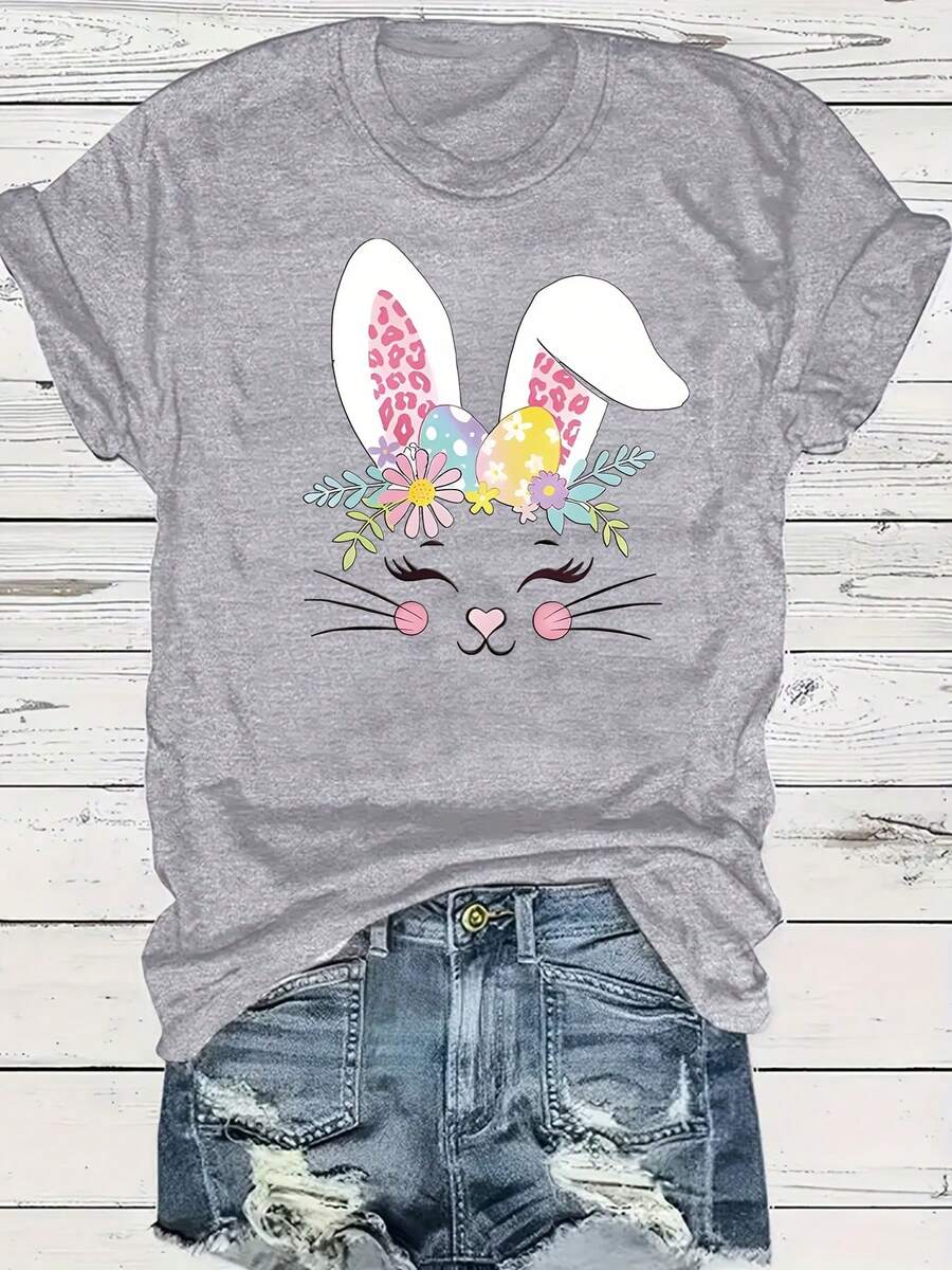 Talla Grande, Camiseta de Mujer con Estampado de Conejo y Huevo de Pascua - Espalda de Cinco Paneles con Forma de Conejo, Cuello Redondo, Atuendo Casual para Pascua y Primavera, Ropa Informal para el Festival de Primavera (Lavable a Máquina) - Gris - Ver 1