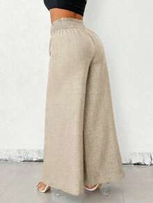 Pantalones de pierna ancha con estampado geométrico y hebilla metálica de cintura alta para mujer - Albaricoque - Ver 4