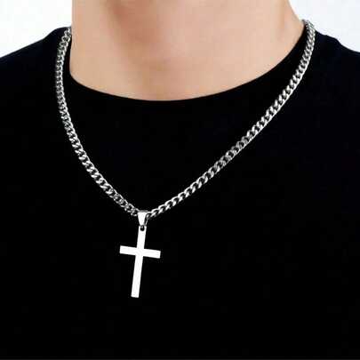 Men's Cross Pendant Necklace, Basic Style Stainless Steel Cross Necklace, Waterproof Non-Fading Jewelry, High-Quality Thin Chain Cross Pendant Necklace, Cuban Link Cross Necklace, Fashionable Stainless Steel Accessory, Gift For Him, Suitable For Daily Wear And Parties