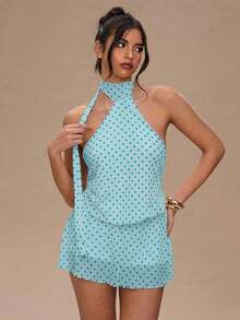 Vestido corto de verano con escote halter y espalda descubierta, con estampado de lunares sexy para mujer - Celeste 2 - Ver 11