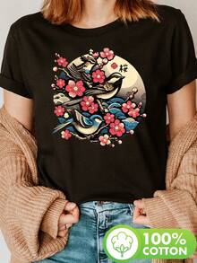 Women's T-Shirt With Japanese Woodblock Print - Cherry Blossom & Three Birds Ukiyo, Short-Sleeved Round Neck Blouse, Casual Top, Suitable For Spring And Summer Outfits, Japanese Cultural Clothing - Black - View 1