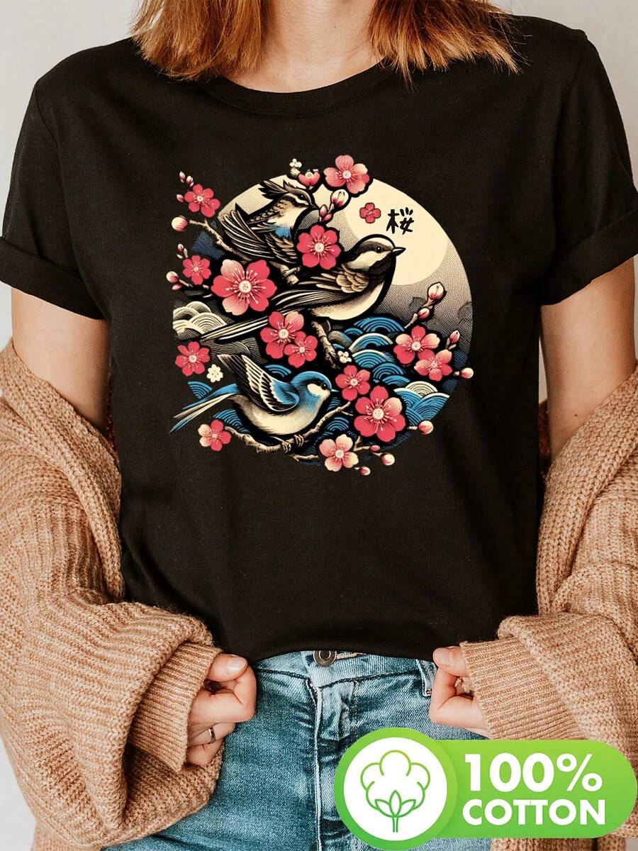 Women's T-Shirt With Japanese Woodblock Print - Cherry Blossom & Three Birds Ukiyo, Short-Sleeved Round Neck Blouse, Casual Top, Suitable For Spring And Summer Outfits, Japanese Cultural Clothing - Black - View 1