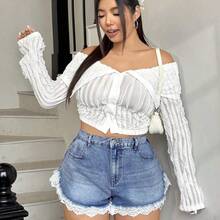 ICON Plus Size Women's Fashionable Vintage American Style Blue Fringe Denim Shorts For Summer - Azul - Ver 6