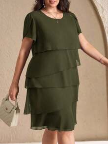 Reflora Vestido de moda con cuello redondo, mangas con volantes y estampado floral para mujer de talla grande - Verde militar - Ver 4
