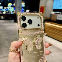 镀金方形蝴蝶手机壳,镶钻蝴蝶支架手机壳,适用于三星 Galaxy A56/A17/S24 Ultra/S24 Plus/S24/S23 Ultra/S23 Plus/S23/S22 Ultra/S22 Plus/S22/S21 Ultra/S21 Plus/S21 FE/S23 FE/A35/A56/A55 - 粉色 - 查看 4