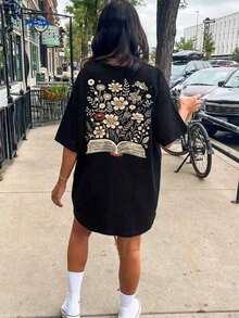 Plus Size T-Shirt With Summer Floral Print - Negro 5 - View 3