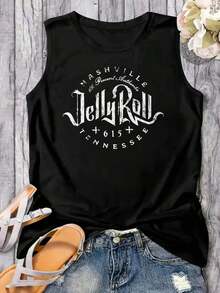 1 Piece Jelly Roll Nashville Music Tribute Print Tank Top For Women, Soft And Breathable, Short Sleeve, Perfect For Everyday Wear, Outdoor Activities, Travel And Casual Style, With A Comfortable Fit For All Day! 180g 100% Cotton, Designs Are Fully Printed. Unisex. - 黑色 - 查看 6