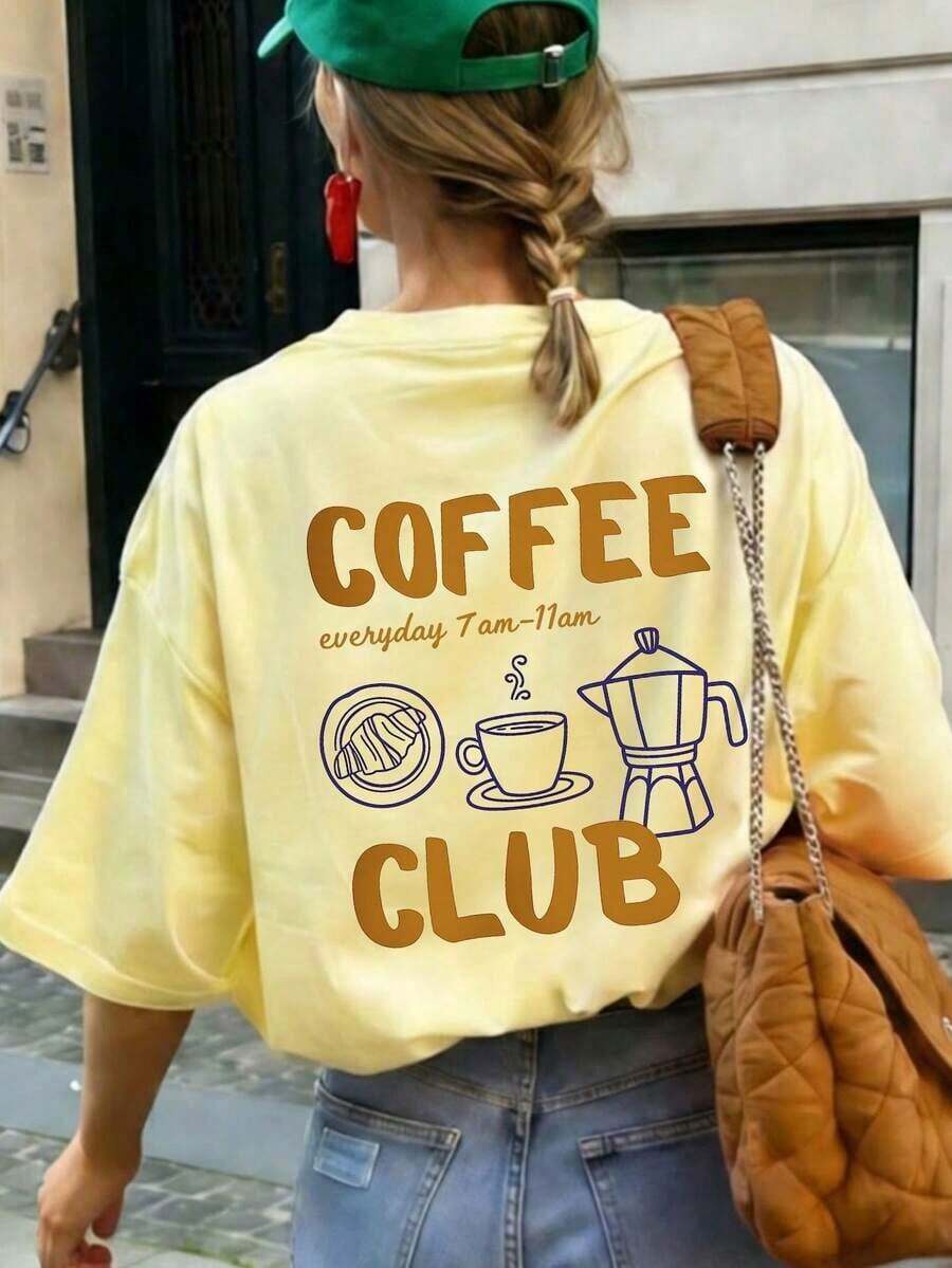 1 Piece Summer Short-Sleeved Crew Neck T-Shirt With Pink Heart And Coffee Cup Print, English Text, Loose And Comfortable Fit, Ideal For Coffee Lovers, Suitable For Summer, Beach, Street, Daily Wear, Work, Office Party, Going Out, Festival, Music Festival, Valentine's Day, Party - 黃色 - 查看 1