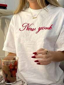 Graphic T-Shirts, Oversized City Script Print T-Shirt, Women's Short Sleeve Crew Neck Loose Fit T-Shirt, Minimalist Preppy Top, Soft And Breathable Casual Urban Outfit, Everyday And Vacation Streetwear, Ideal Gift For Those Who Are Making Their Mark In 2026, Women's Summer Clothes, Cotton Summer Tops - 白色 - 查看 1