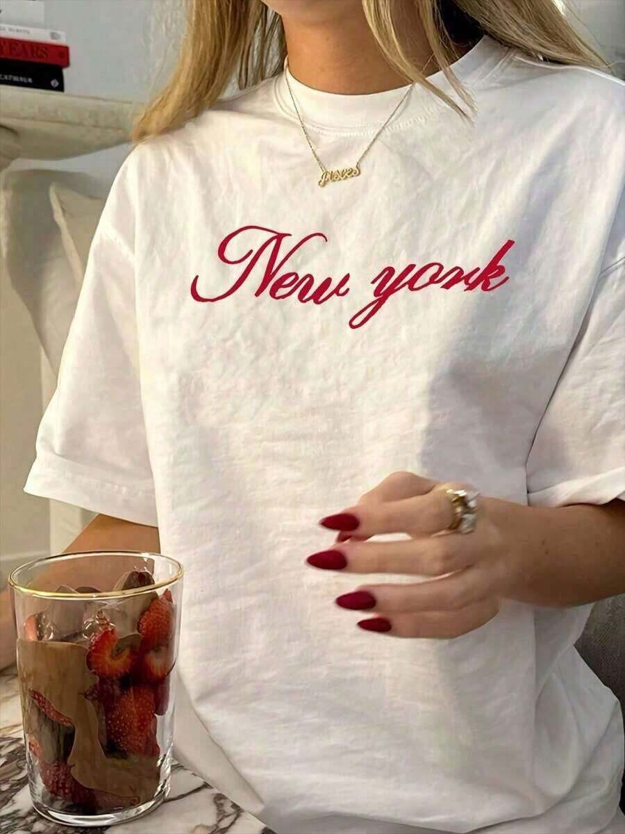 Graphic T-Shirts, Oversized City Script Print T-Shirt, Women's Short Sleeve Crew Neck Loose Fit T-Shirt, Minimalist Preppy Top, Soft And Breathable Casual Urban Outfit, Everyday And Vacation Streetwear, Ideal Gift For Those Who Are Making Their Mark In 2026, Women's Summer Clothes, Cotton Summer Tops - 白色 - 查看 1