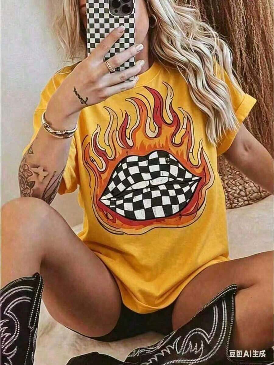 Western-Style Plaid Lip Print T-Shirt, Oversized Graphic Tee For Country Concerts, Western Wear, Retro Country T-Shirt, Funny Graphic Tees For Men And Women, Casual Crew Neck Loose Fit T-Shirts, Casual Short Sleeve T-Shirts For Men And Women 2026 - 黃色 - 查看 1