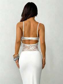 Vestido transparente de encaje con tirantes para mujer  PETITE, ropa sexy para fiestas, citas y festivales, adecuado para otoño e invierno, se puede usar como capa interior. - Blanco - Ver 2