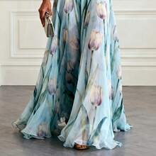 Women's Tulip Print Chiffon Maxi Dress, Sleeveless V-Neck Flowy Evening Gown, Formal Wedding Guest Dress - Xanh da trời - Xem 4