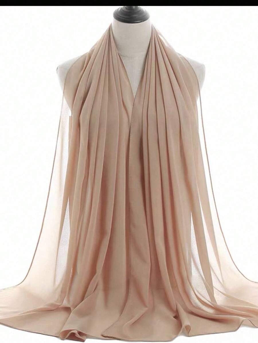 1pc Modest Hijab Casual Versatile Solid Color Soft Breathable Chiffon Scarf, Spring/Summer,Travel Essential,Holiday - Beige - View 1