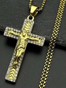 Collar con colgante de cruz de Jesús de acero inoxidable, unisex, collar con cadena de color dorado/plateado con strass, regalo de joyería - collar - Ver 6