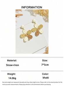 OOQ 1对简约五瓣拉菲草手工耳环，3D立体花朵优雅耳环，适合日常、派对、音乐节、母亲节、情人节、朋友礼物（手工拉菲草编织，方向和形状随机） - 卡其色 - 查看 7