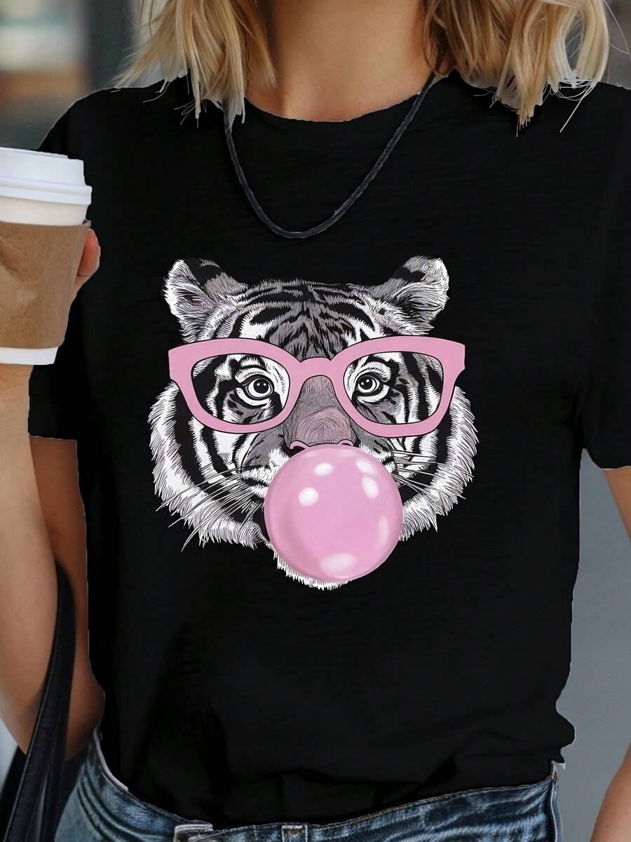Casual T-Shirt, Plus Size T-Shirt + Shipping From Mexico + High-Quality Breathable Fabric + Women's Short Sleeve Crew Neck Printed Top, Tiger With Pink Glasses, Blowing, 100% Cotton, Durable - 黑色 - 查看 1