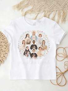 Camiseta holgada para mujer estilo Y2K, con estampados de santos católicos, diseñada específicamente para mujeres cristianas, con un estilo callejero vintage de los años 2000 y un corte holgado. Hecha de 100% algodón, es una camiseta de manga corta para vacaciones de verano y días de descanso para mujeres - Estilo vintage urbano, unisex, holgada, de algodón, con cuello redondo. - Blanco - Ver 3