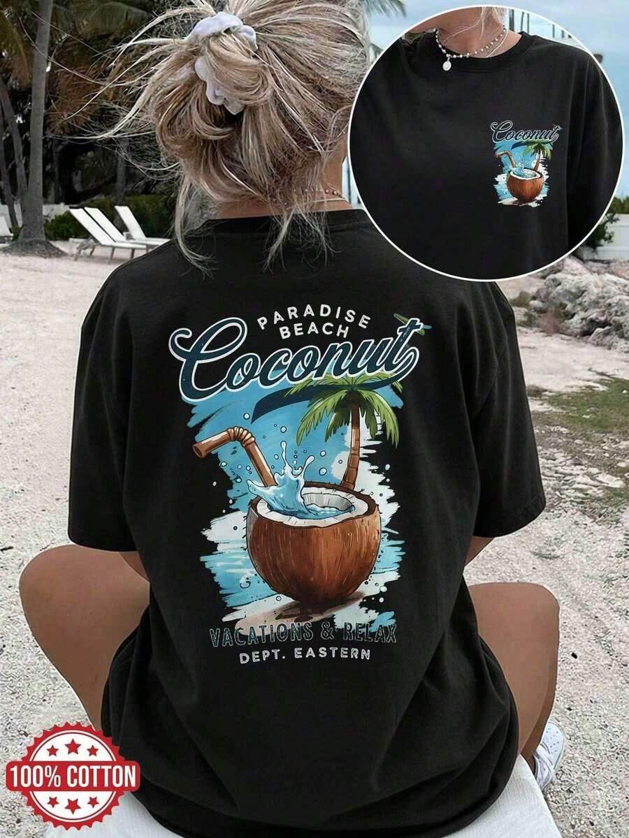 Avslappnad bomulls-T-shirt med tryck för hemmet, vardagen och semestern, sommar-T-shirt med grafiskt tryck och nedhasad axel, kortärmad T-shirt med rund hals för vår och sommar, damkläder, T-shirt med rund hals och lös passform, plusstorlekar, bomullskläder för kvinnor, topp för kvinnor, söta toppar, sommarkläder för kvinnor, damtopp, sommarkläder för kvinnor, 100% bomull, söta kläder, avslappnade toppar, påskstilar, påskoutfit för kvinnor, påskoutfit för dam, sommaroutfit dam, sommaroutfit dam. - Svart - Visa 1