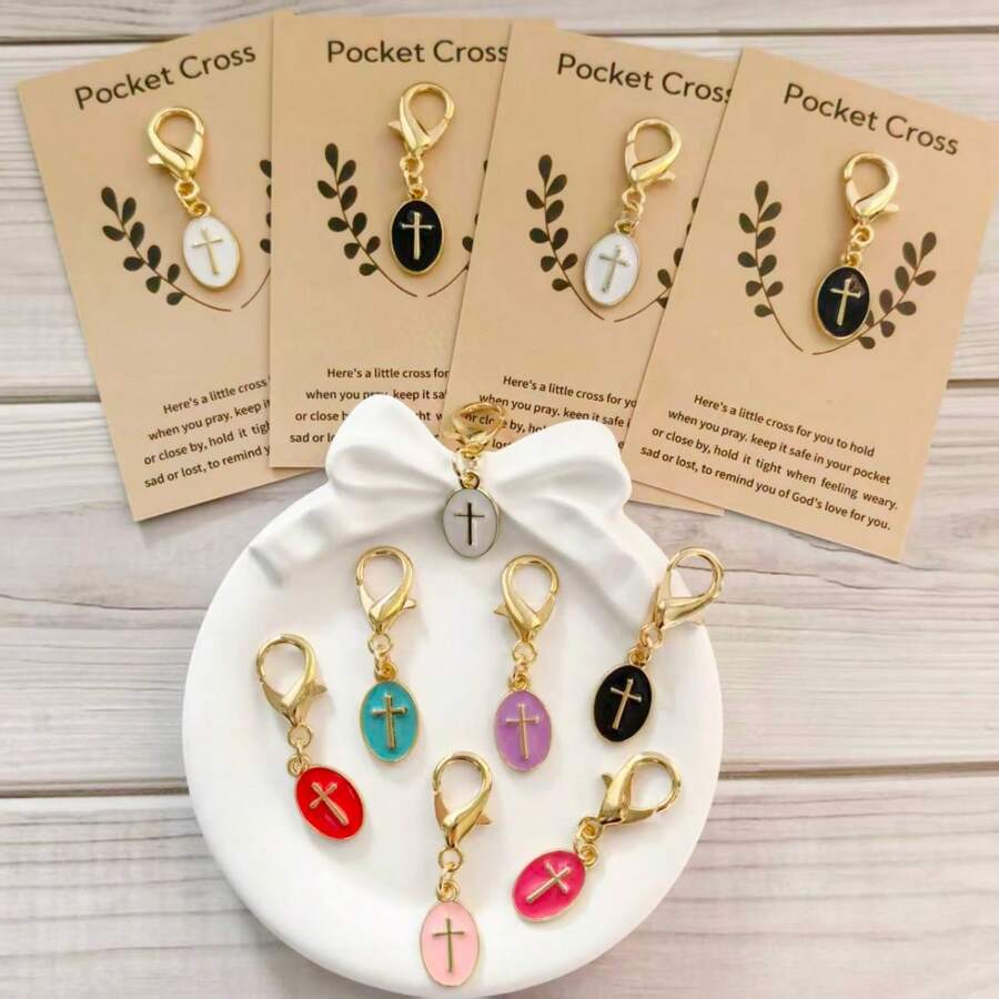 7pcs/10pcs Multicolor Cross-Shaped Keychain Set, Durable Metal Material, Oval Minimalist Design With Religious Symbols, Suitable For People With Religious Beliefs Or Seeking Spiritual Strength, Can Be Used As Bag Charms, Car Key Rings, Or Party Favors - Multicolor - View 1