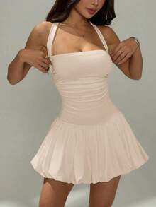Vestido informal corto de unicolor con cuello de lazo y espalda descubierta para mujer - Albaricoque - Ver 6